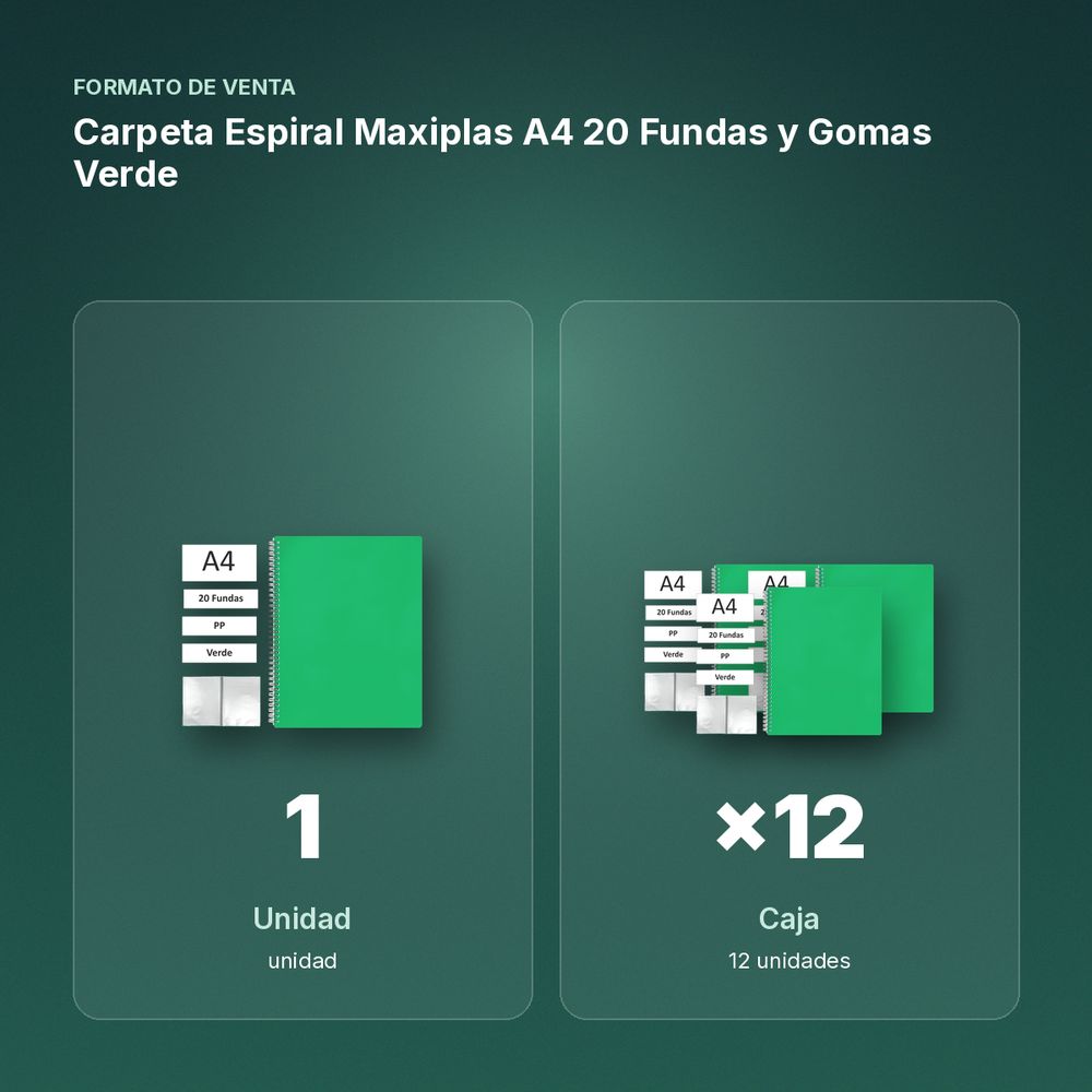 CARPETA ESPIRAL MAXIPLAS A4 20 FUNDAS Y GOMAS VERDE - formato de venta: caja de 12