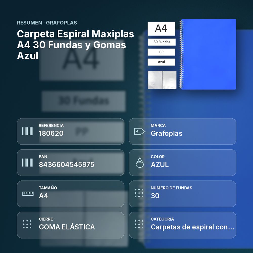 CARPETA ESPIRAL MAXIPLAS A4 30 FUNDAS Y GOMAS AZUL - resumen de atributos