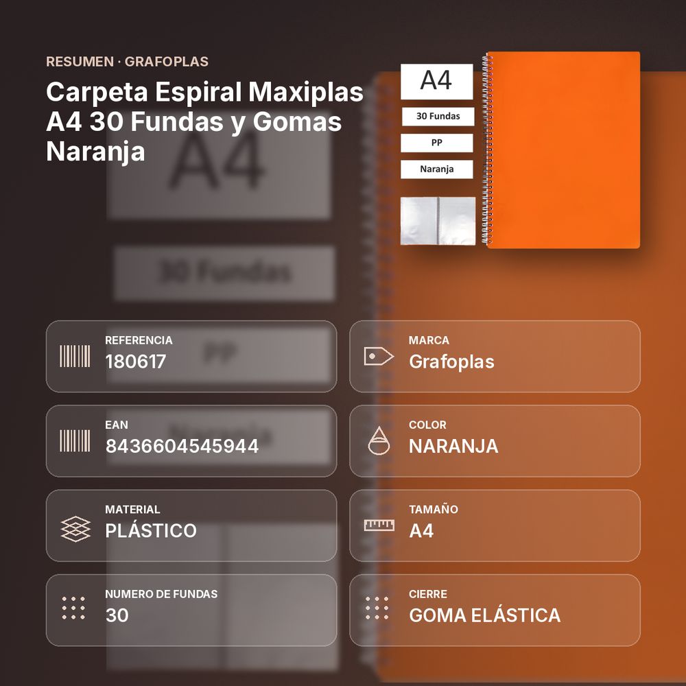 CARPETA ESPIRAL MAXIPLAS A4 30 FUNDAS Y GOMAS NARANJA - resumen de atributos