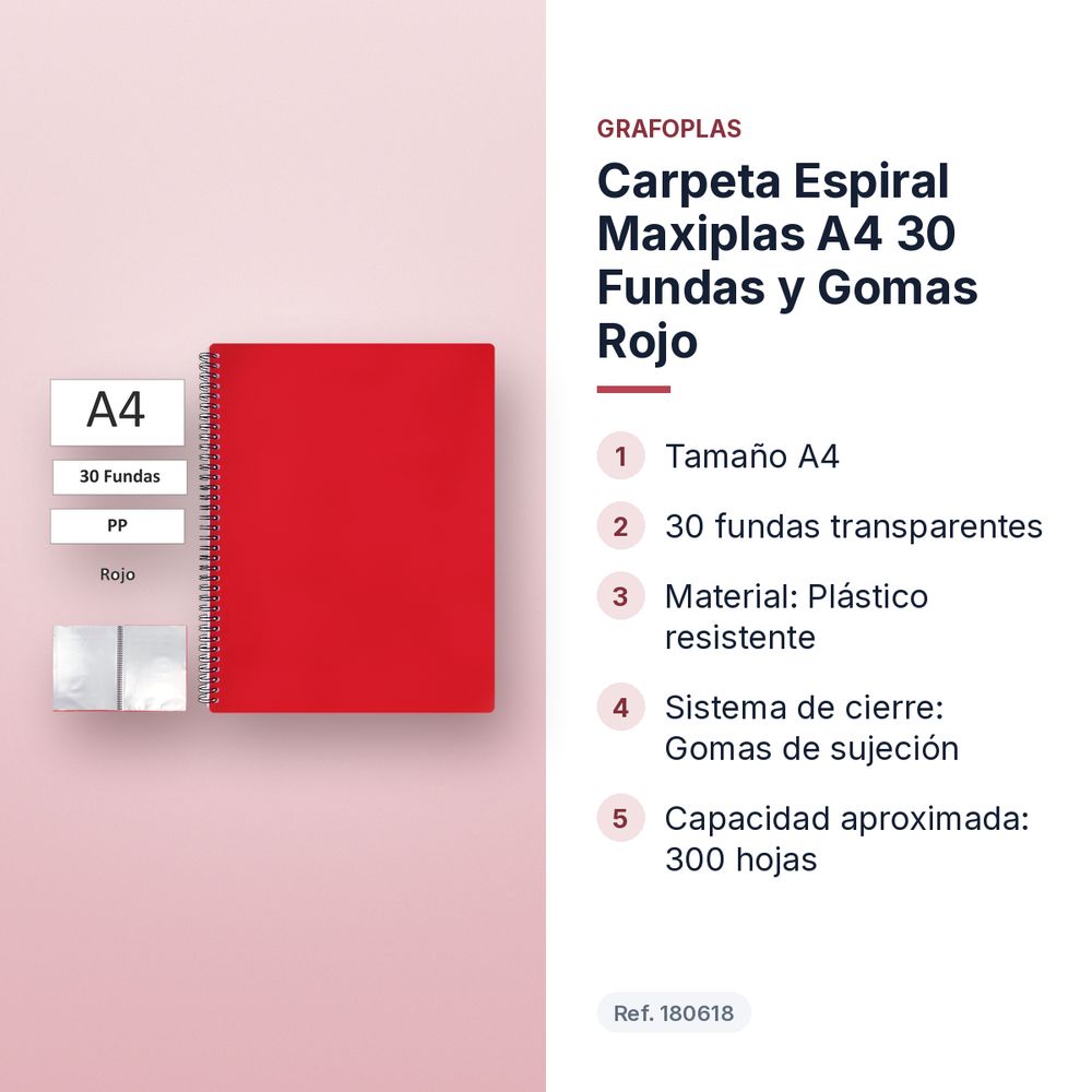 CARPETA ESPIRAL MAXIPLAS A4 30 FUNDAS Y GOMAS ROJO - características principales