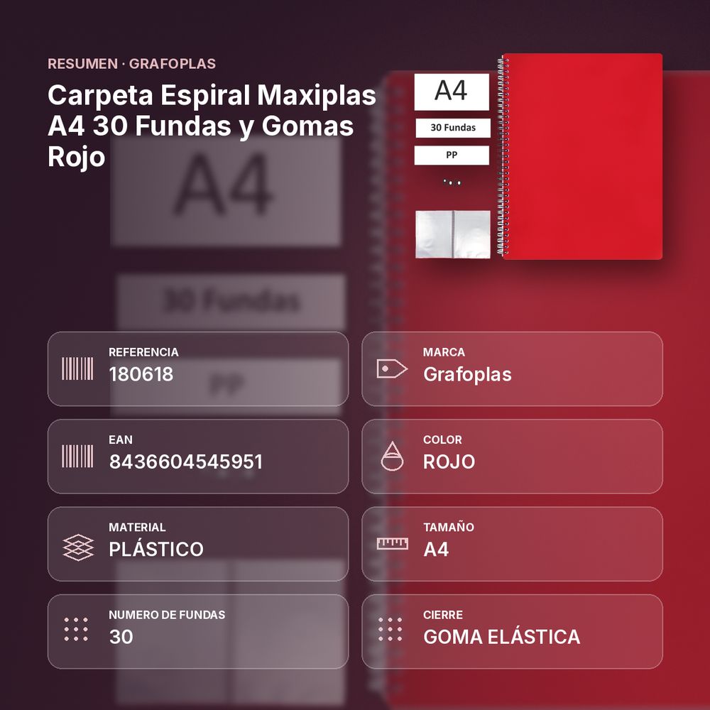 CARPETA ESPIRAL MAXIPLAS A4 30 FUNDAS Y GOMAS ROJO - resumen de atributos