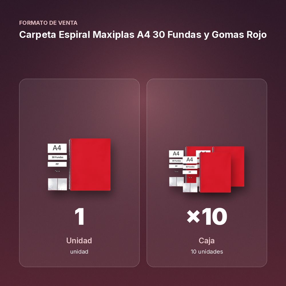 CARPETA ESPIRAL MAXIPLAS A4 30 FUNDAS Y GOMAS ROJO - formato de venta: caja de 10