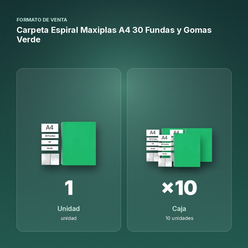 CARPETA ESPIRAL MAXIPLAS A4 30 FUNDAS Y GOMAS VERDE - formato de venta: caja de 10