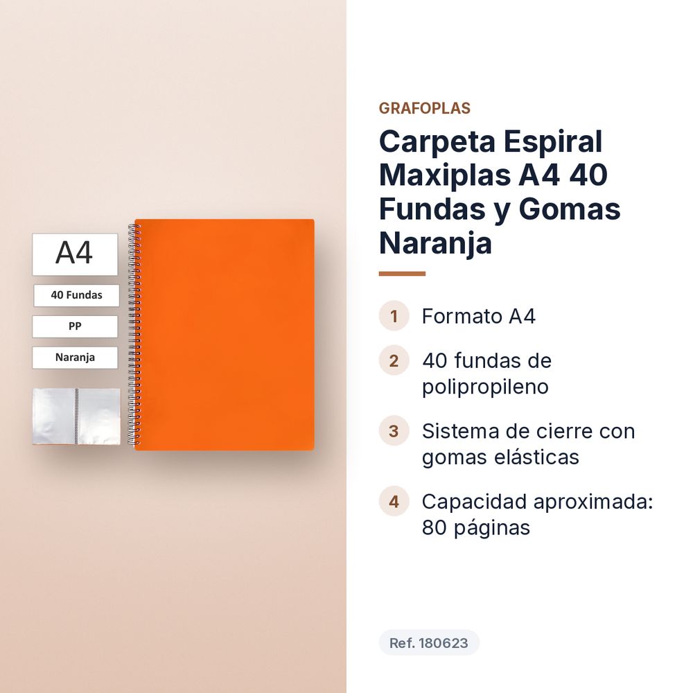 CARPETA ESPIRAL MAXIPLAS A4 40 FUNDAS Y GOMAS NARANJA - características principales