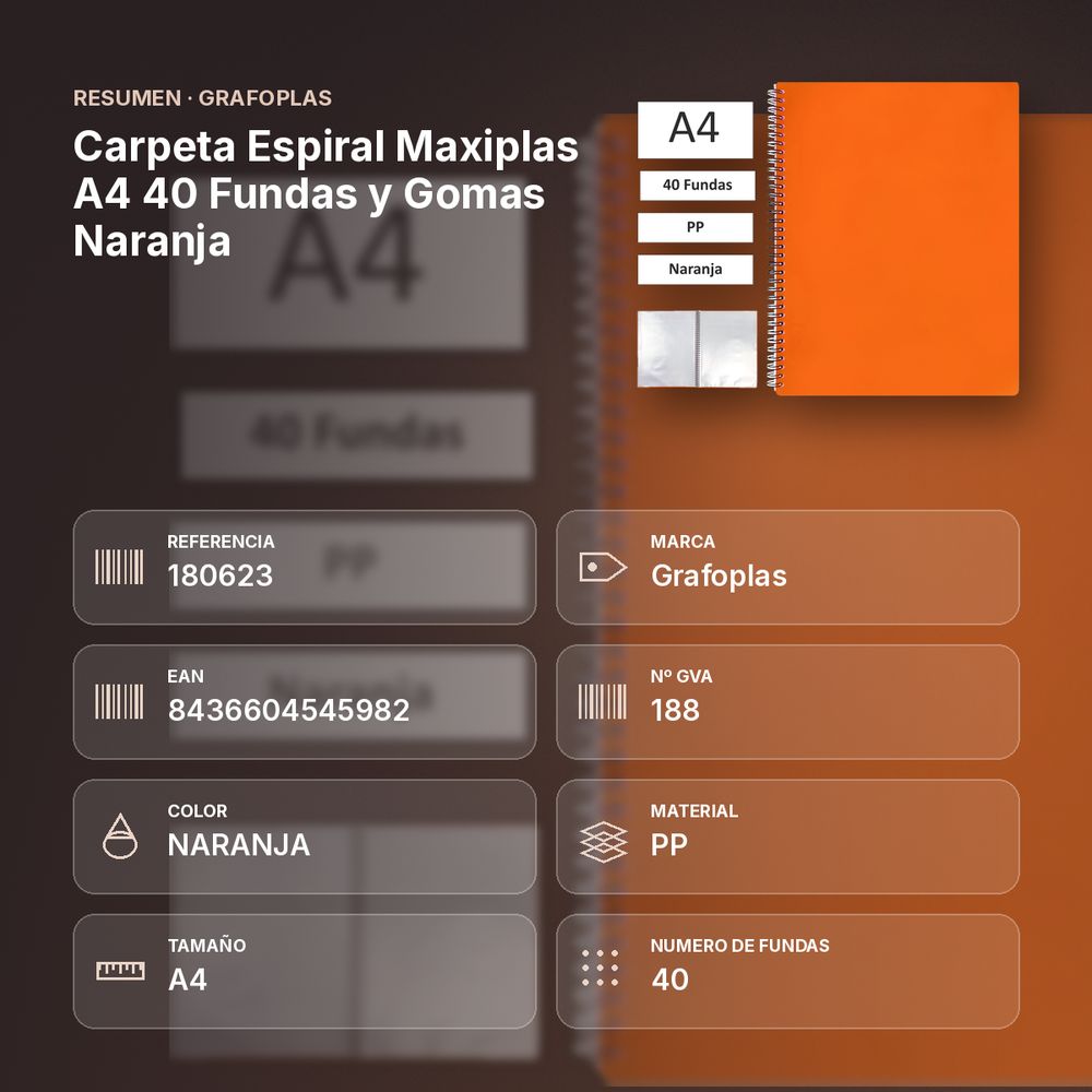 CARPETA ESPIRAL MAXIPLAS A4 40 FUNDAS Y GOMAS NARANJA - resumen de atributos