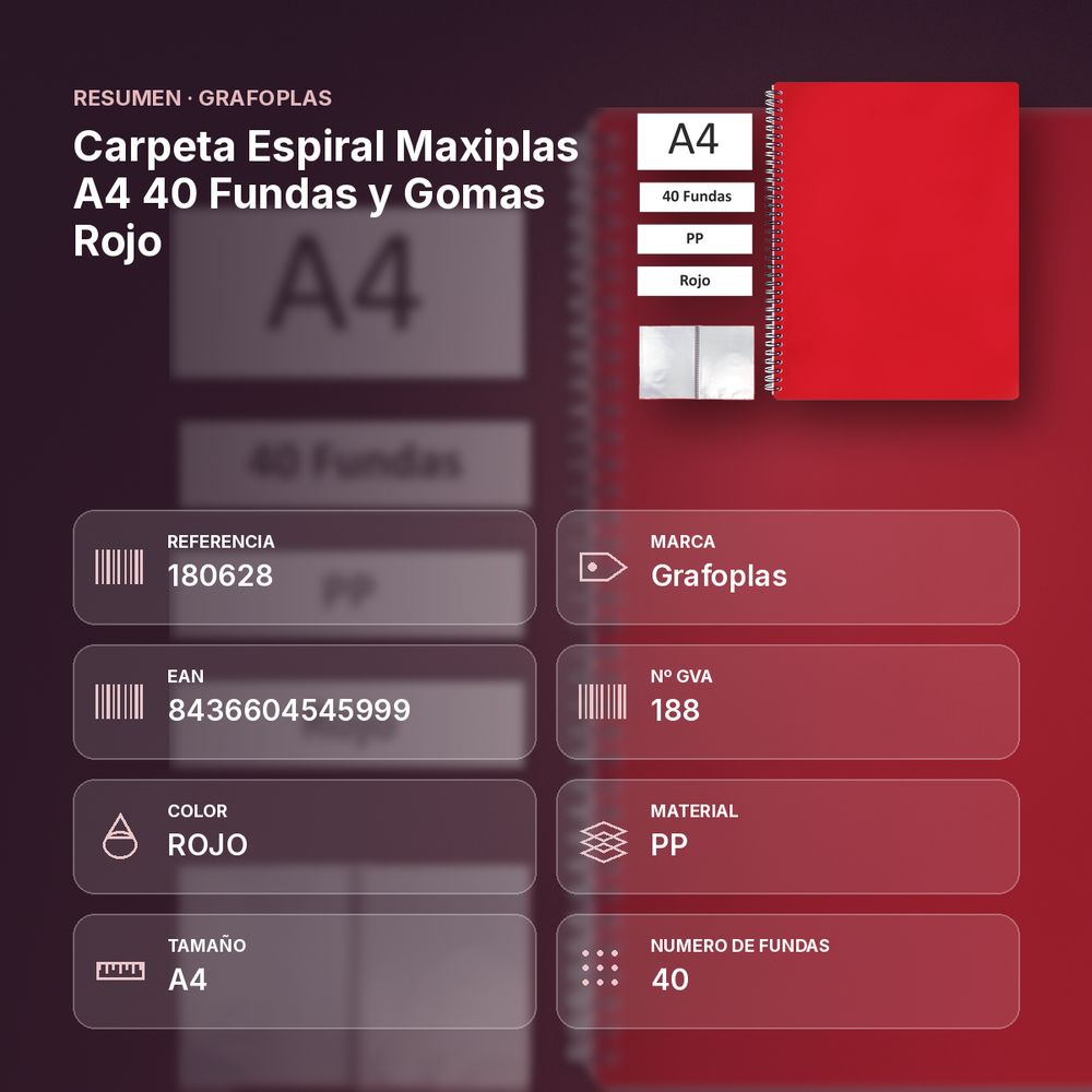 CARPETA ESPIRAL MAXIPLAS A4 40 FUNDAS Y GOMAS ROJO - resumen de atributos