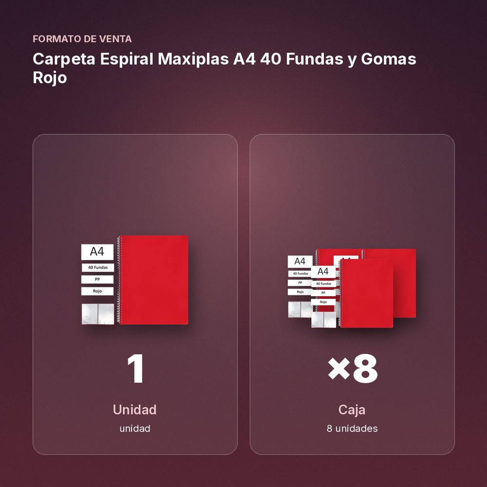 CARPETA ESPIRAL MAXIPLAS A4 40 FUNDAS Y GOMAS ROJO - formato de venta: caja de 8
