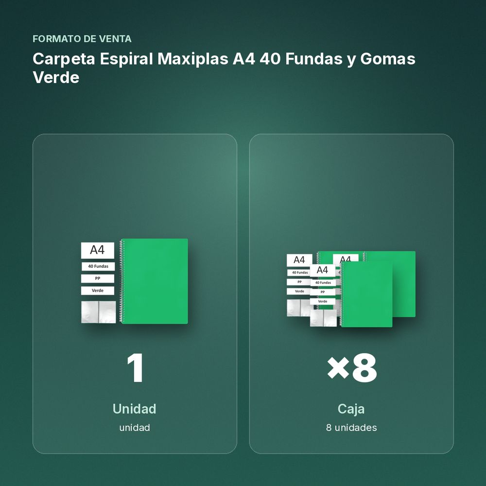 CARPETA ESPIRAL MAXIPLAS A4 40 FUNDAS Y GOMAS VERDE - formato de venta: caja de 8