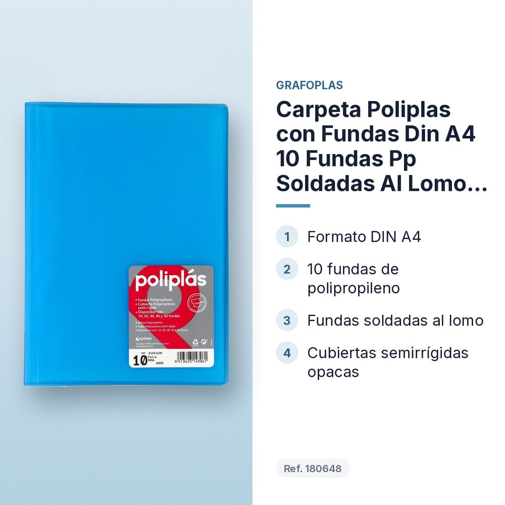 CARPETA POLIPLAS CON FUNDAS DIN A4 10 FUNDAS PP SOLDADAS AL LOMO AZUL - características principales
