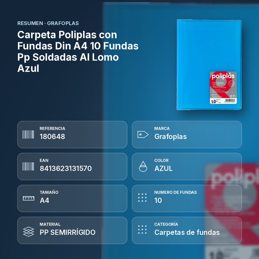 CARPETA POLIPLAS CON FUNDAS DIN A4 10 FUNDAS PP SOLDADAS AL LOMO AZUL - resumen de atributos