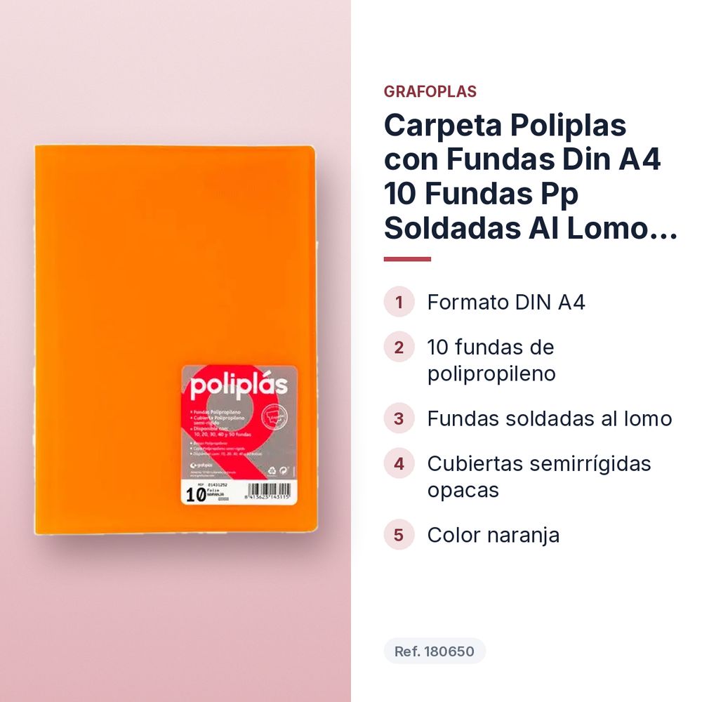 CARPETA POLIPLAS CON FUNDAS DIN A4 10 FUNDAS PP SOLDADAS AL LOMO NARANJA - características principales
