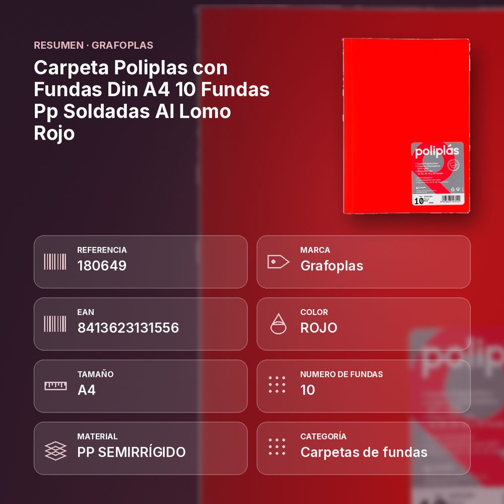 CARPETA POLIPLAS CON FUNDAS DIN A4 10 FUNDAS PP SOLDADAS AL LOMO ROJO - resumen de atributos