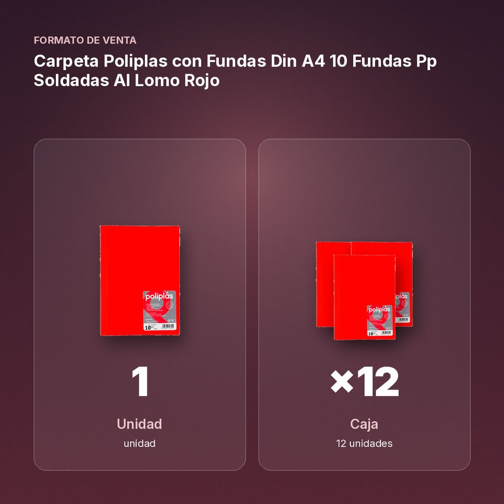 CARPETA POLIPLAS CON FUNDAS DIN A4 10 FUNDAS PP SOLDADAS AL LOMO ROJO - formato de venta: caja de 12