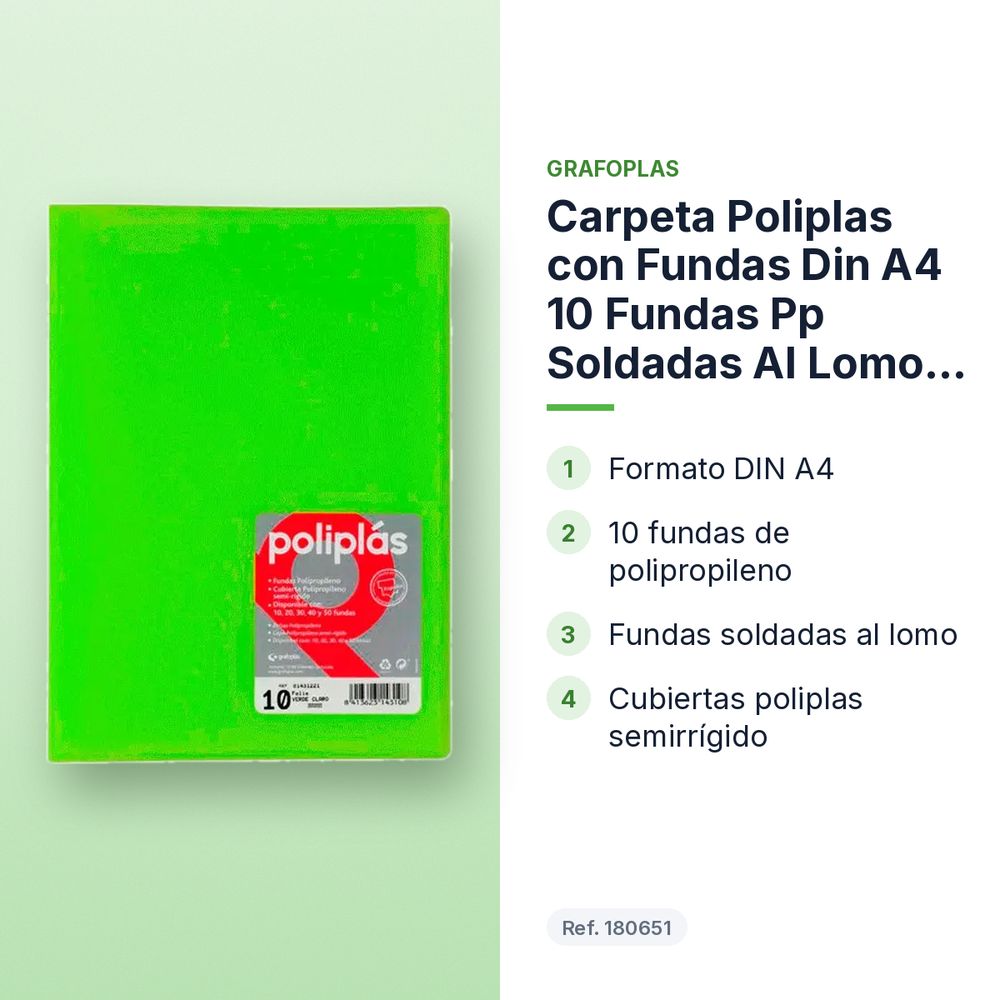 CARPETA POLIPLAS CON FUNDAS DIN A4 10 FUNDAS PP SOLDADAS AL LOMO VERDE - características principales