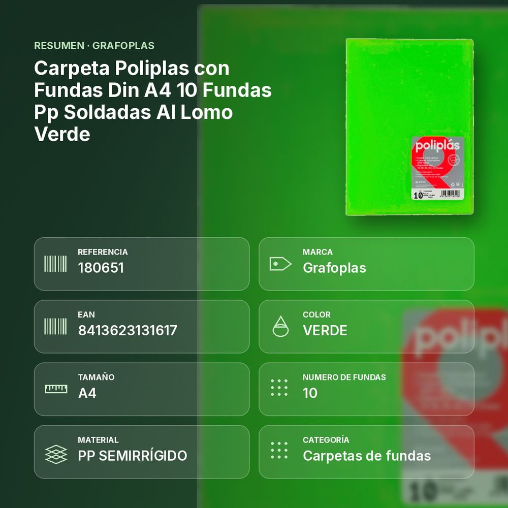 CARPETA POLIPLAS CON FUNDAS DIN A4 10 FUNDAS PP SOLDADAS AL LOMO VERDE - resumen de atributos