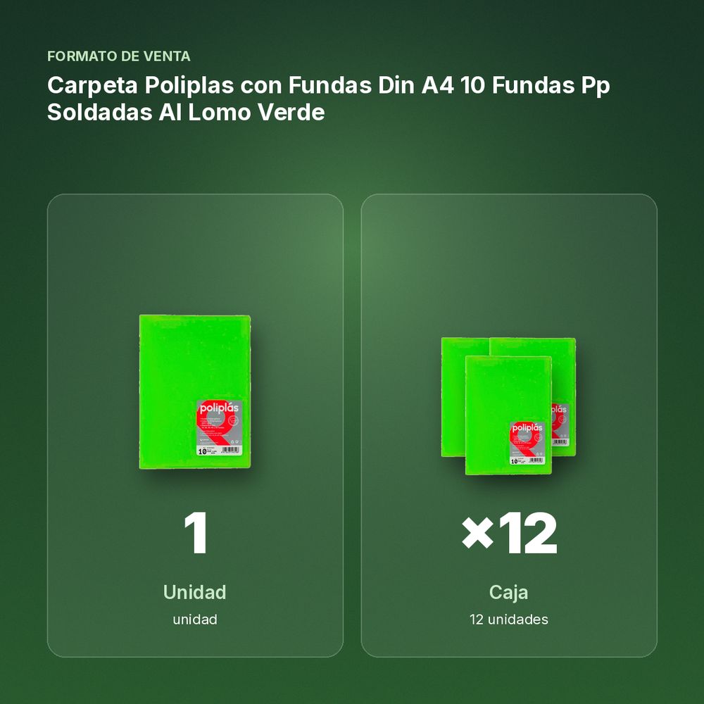 CARPETA POLIPLAS CON FUNDAS DIN A4 10 FUNDAS PP SOLDADAS AL LOMO VERDE - formato de venta: caja de 12