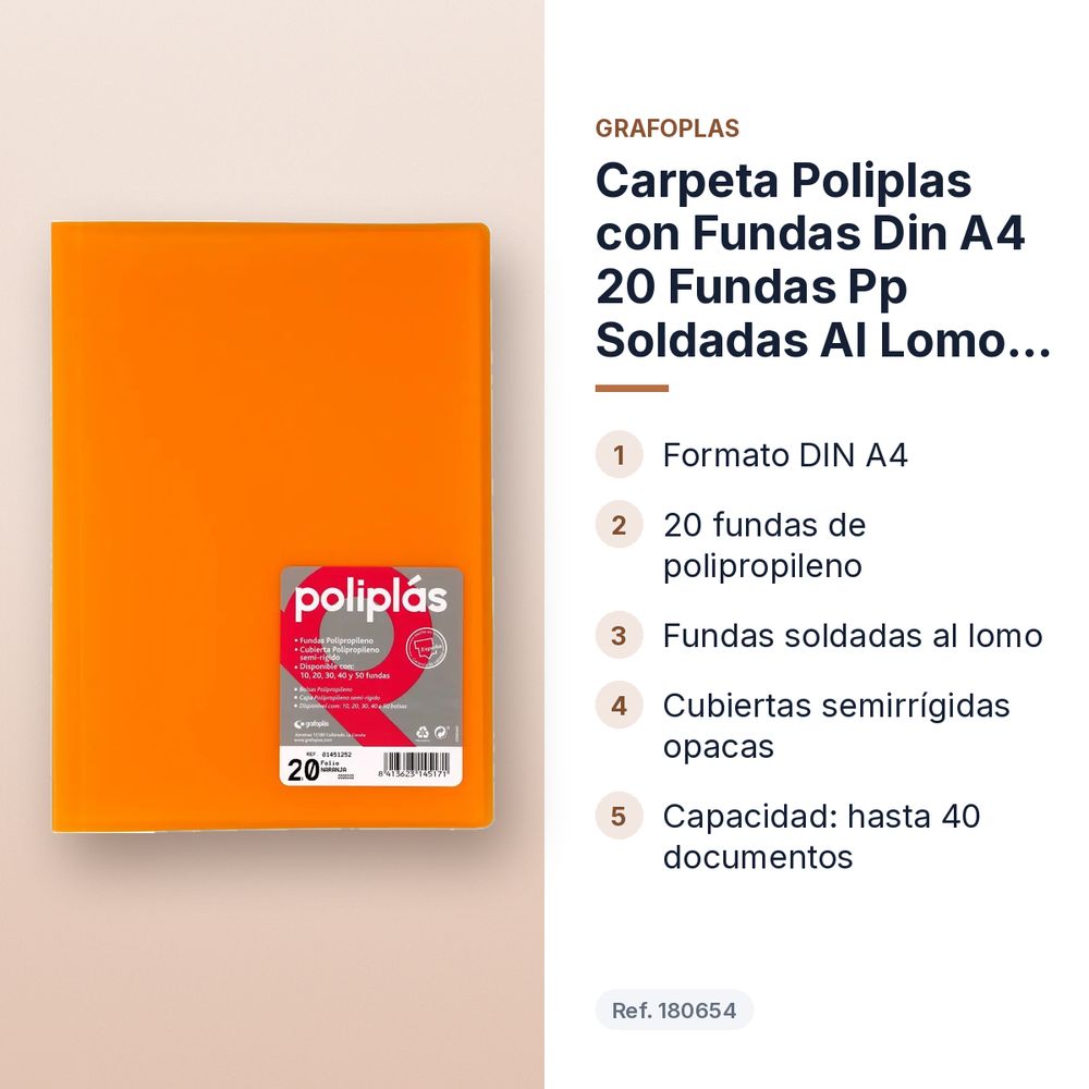 CARPETA POLIPLAS CON FUNDAS DIN A4 20 FUNDAS PP SOLDADAS AL LOMO NARANJA - características principales