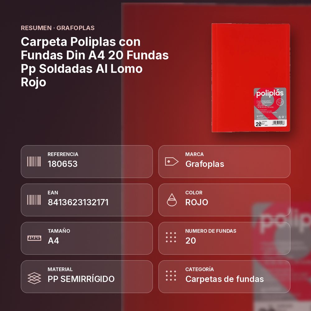 CARPETA POLIPLAS CON FUNDAS DIN A4 20 FUNDAS PP SOLDADAS AL LOMO ROJO - resumen de atributos