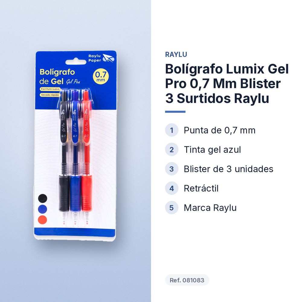 BOLÍGRAFO LUMIX GEL PRO 0,7 MM BLISTER 3 SURTIDOS RAYLU - características principales