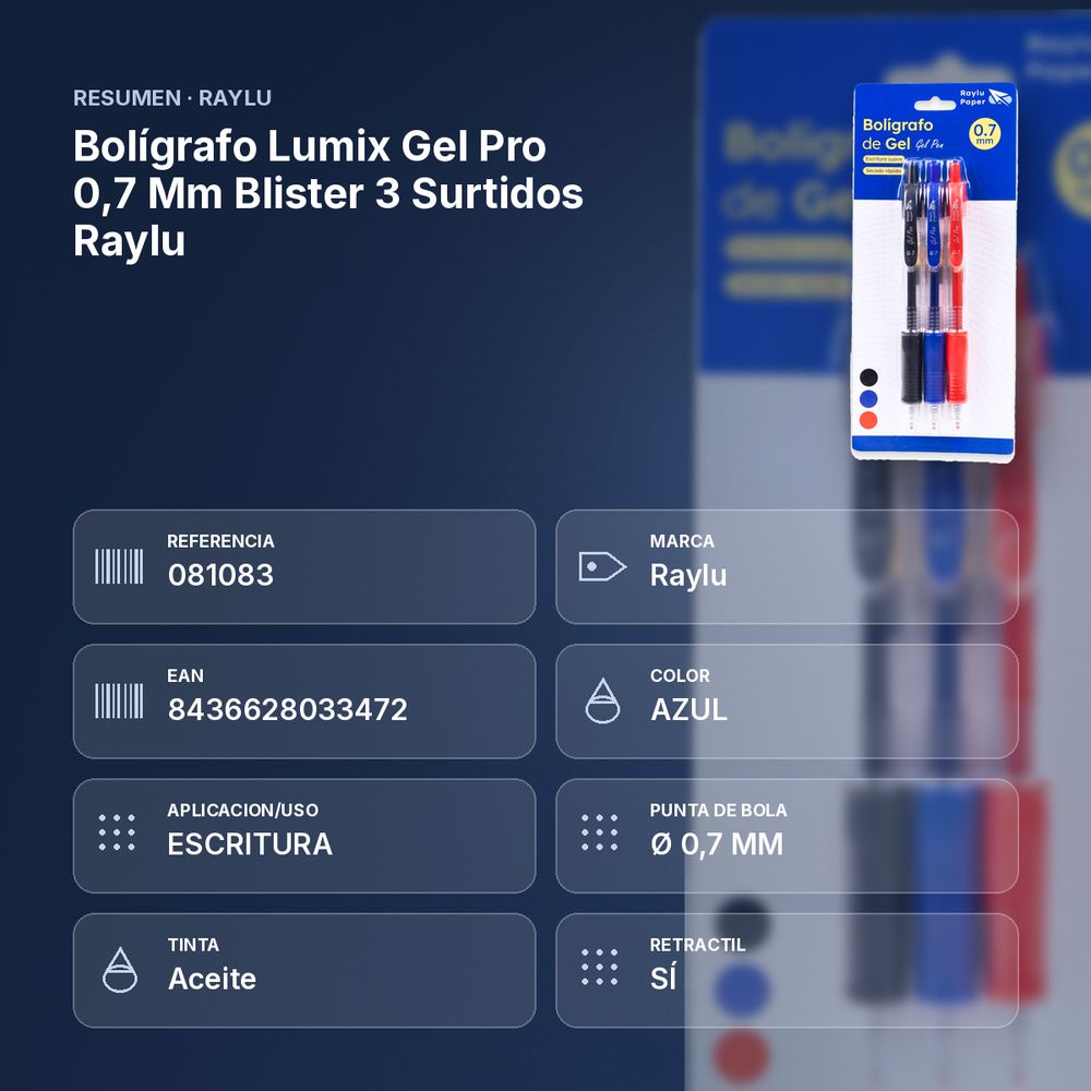 BOLÍGRAFO LUMIX GEL PRO 0,7 MM BLISTER 3 SURTIDOS RAYLU - resumen de atributos