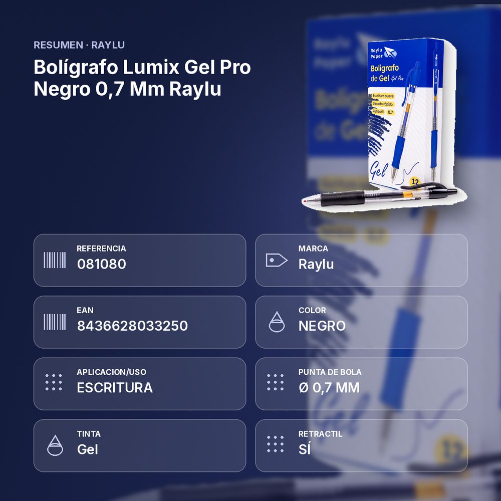 BOLÍGRAFO LUMIX GEL PRO NEGRO 0,7 MM RAYLU - resumen de atributos