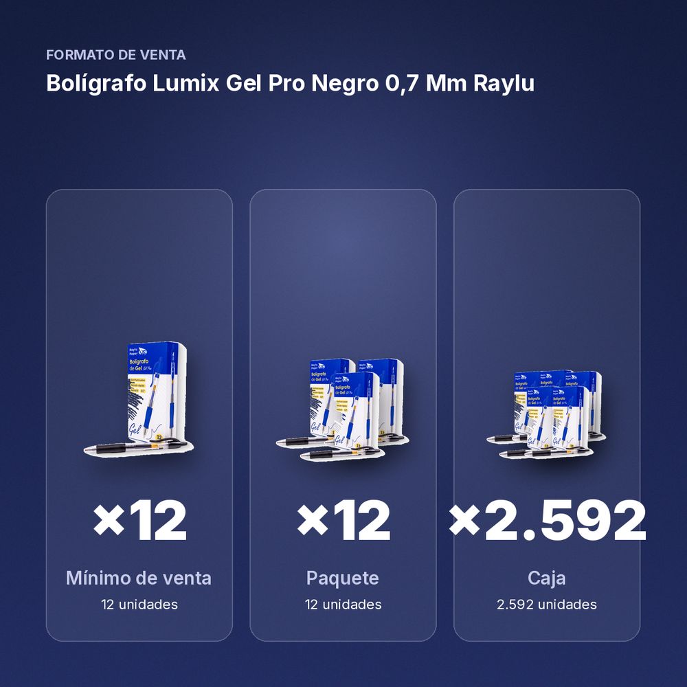 BOLÍGRAFO LUMIX GEL PRO NEGRO 0,7 MM RAYLU - formato de venta: paquete de 12, caja de 2592