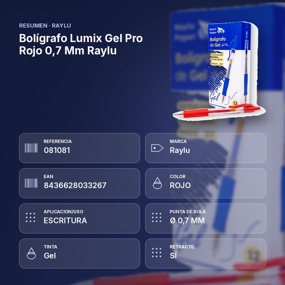 BOLÍGRAFO LUMIX GEL PRO ROJO 0,7 MM RAYLU - resumen de atributos