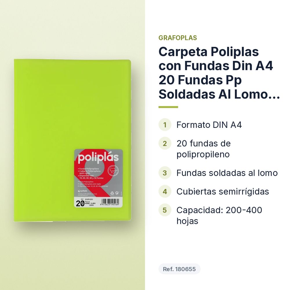 CARPETA POLIPLAS CON FUNDAS DIN A4 20 FUNDAS PP SOLDADAS AL LOMO VERDE - características principales
