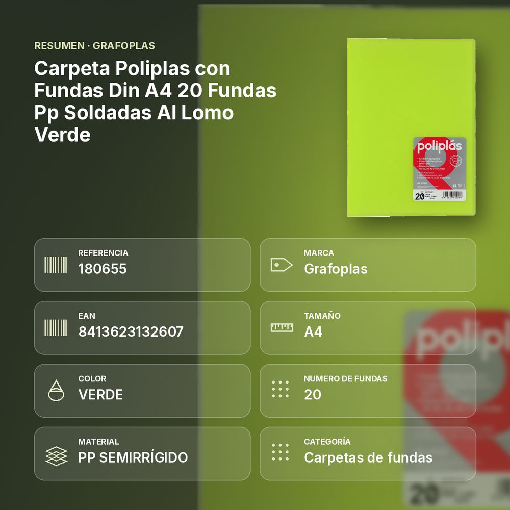 CARPETA POLIPLAS CON FUNDAS DIN A4 20 FUNDAS PP SOLDADAS AL LOMO VERDE - resumen de atributos