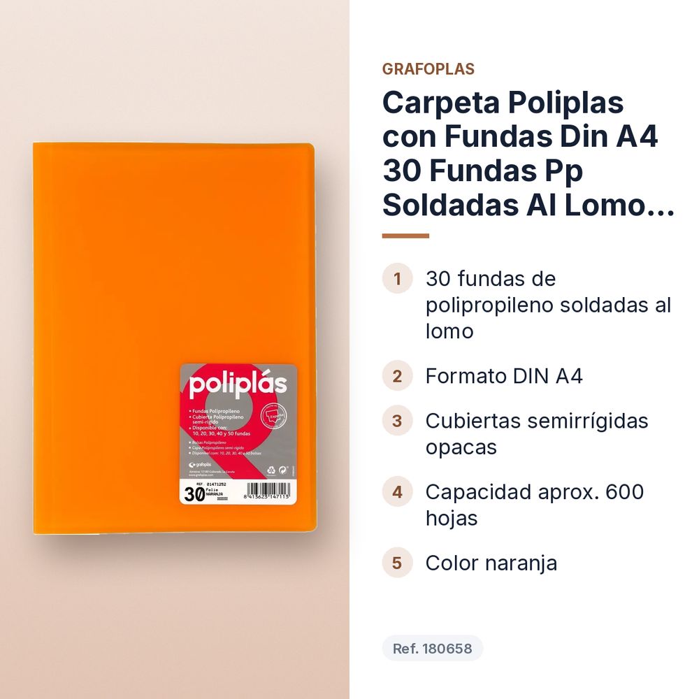 CARPETA POLIPLAS CON FUNDAS DIN A4 30 FUNDAS PP SOLDADAS AL LOMO NARANJA - características principales