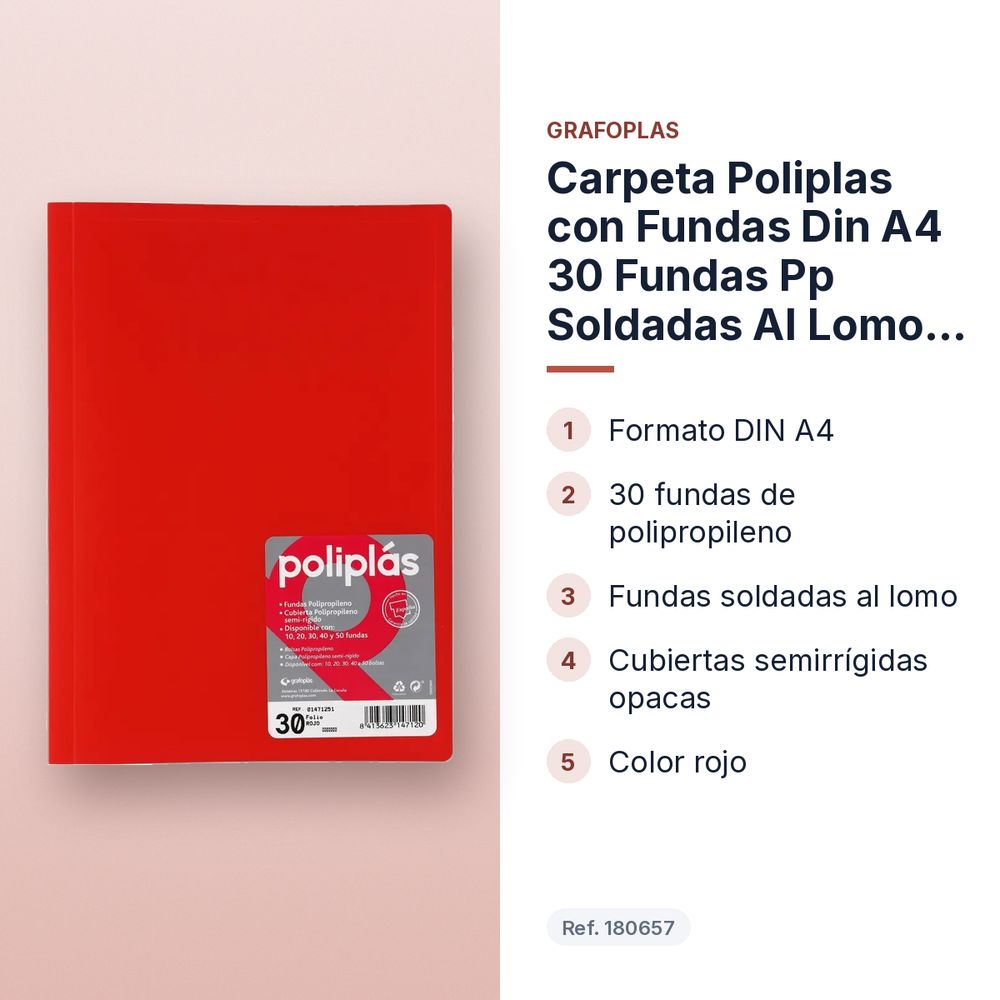 CARPETA POLIPLAS CON FUNDAS DIN A4 30 FUNDAS PP SOLDADAS AL LOMO ROJO - características principales