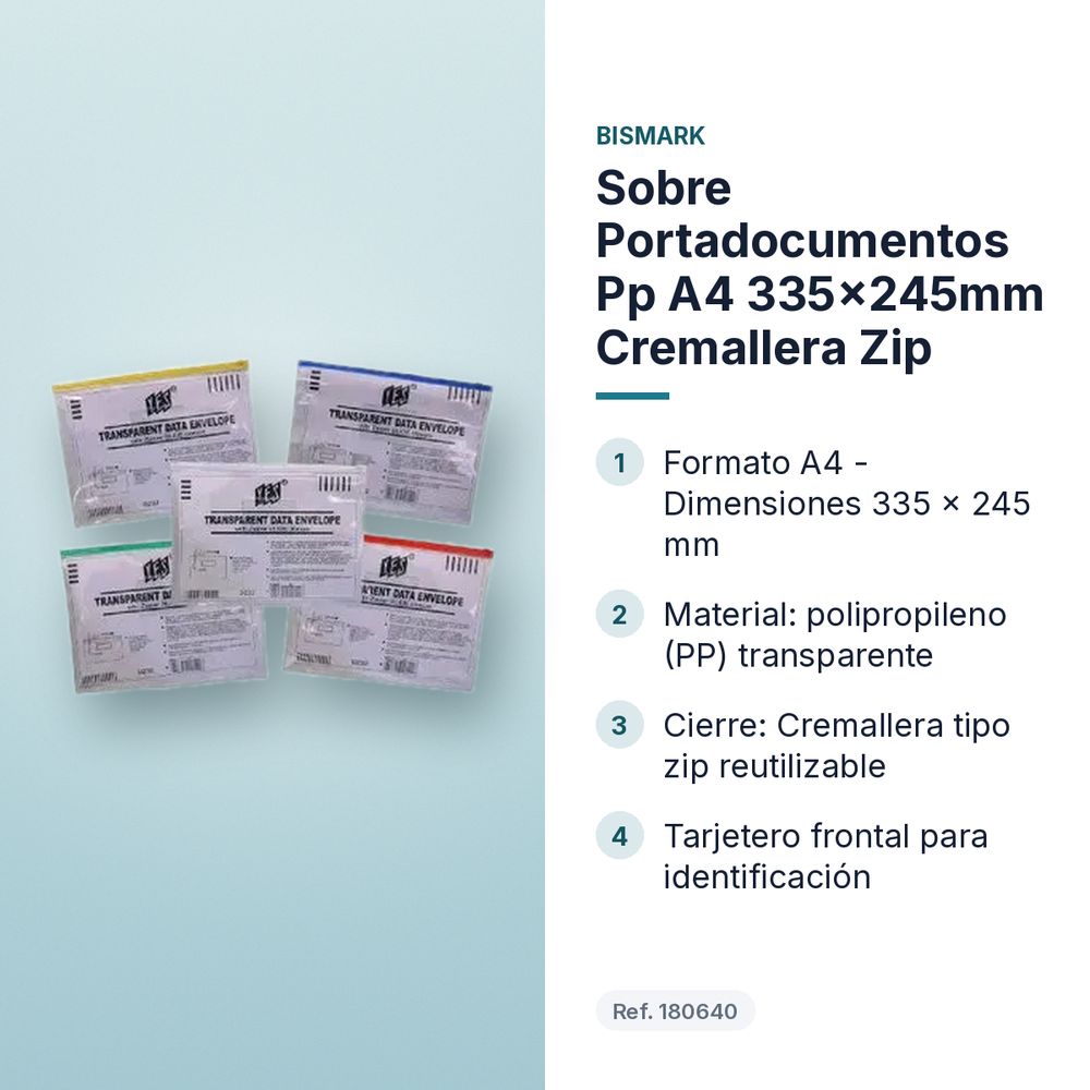 SOBRE PORTADOCUMENTOS PP A4 335×245MM CREMALLERA ZIP - características principales