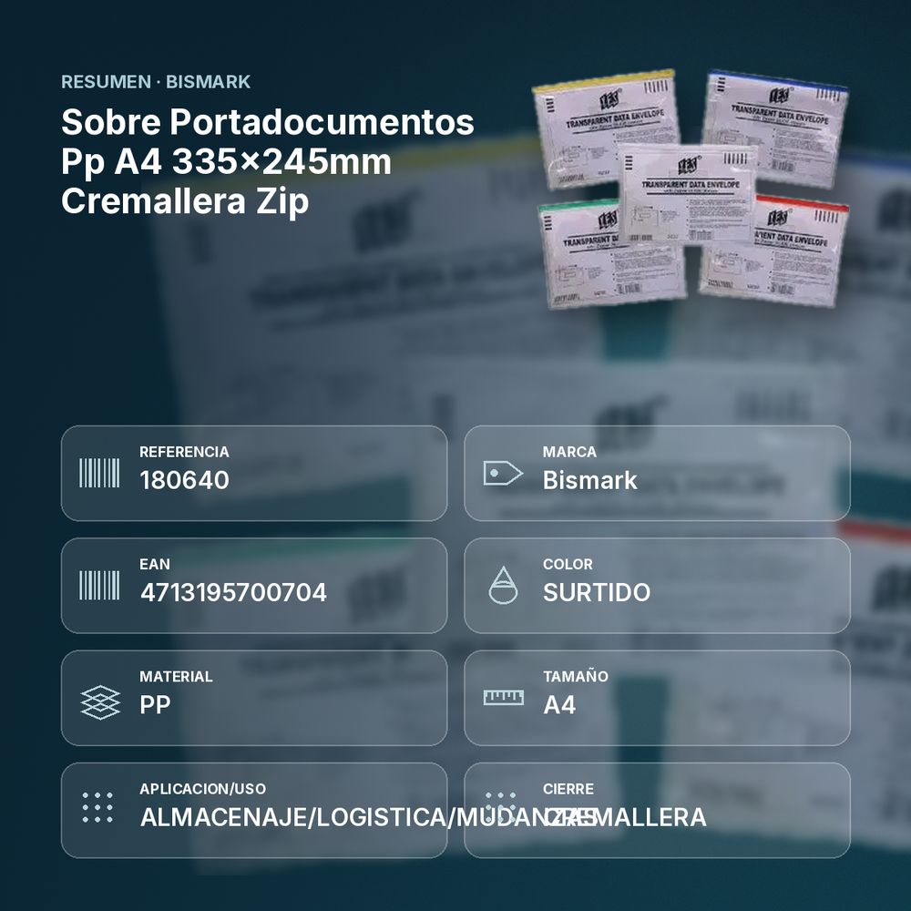 SOBRE PORTADOCUMENTOS PP A4 335×245MM CREMALLERA ZIP - resumen de atributos