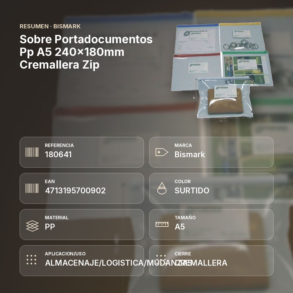 SOBRE PORTADOCUMENTOS PP A5 240×180MM CREMALLERA ZIP  - resumen de atributos