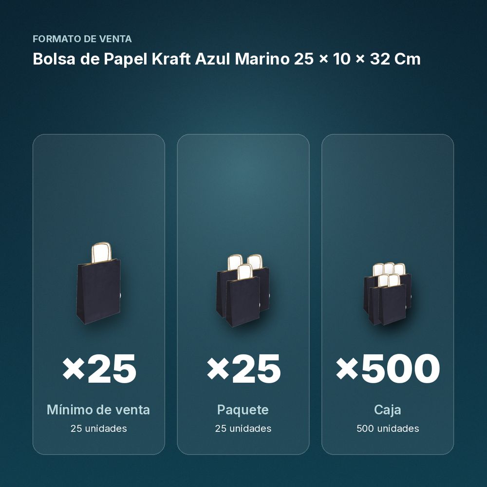 BOLSA DE PAPEL KRAFT AZUL MARINO 25 × 10 × 32 CM  - formato de venta: paquete de 25, caja de 500