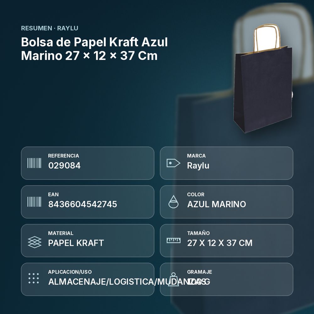 BOLSA DE PAPEL KRAFT AZUL MARINO 27 × 12 × 37 CM  - resumen de atributos