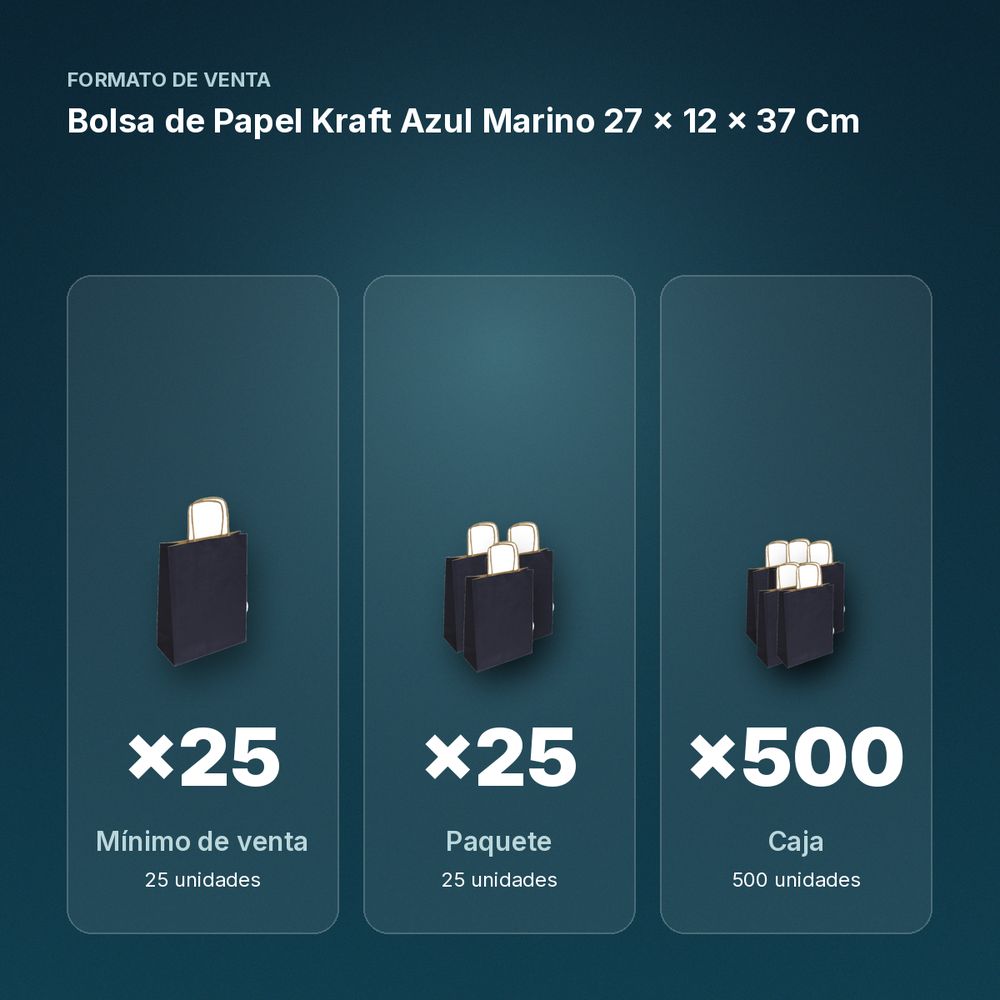 BOLSA DE PAPEL KRAFT AZUL MARINO 27 × 12 × 37 CM  - formato de venta: paquete de 25, caja de 500