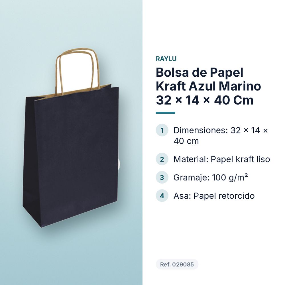 BOLSA DE PAPEL KRAFT AZUL MARINO 32 × 14 × 40 CM - características principales