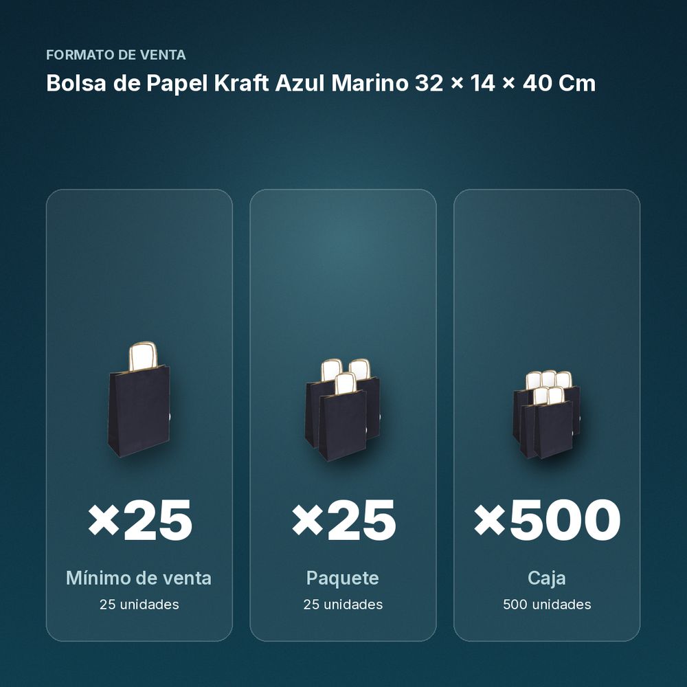 BOLSA DE PAPEL KRAFT AZUL MARINO 32 × 14 × 40 CM - formato de venta: paquete de 25, caja de 500