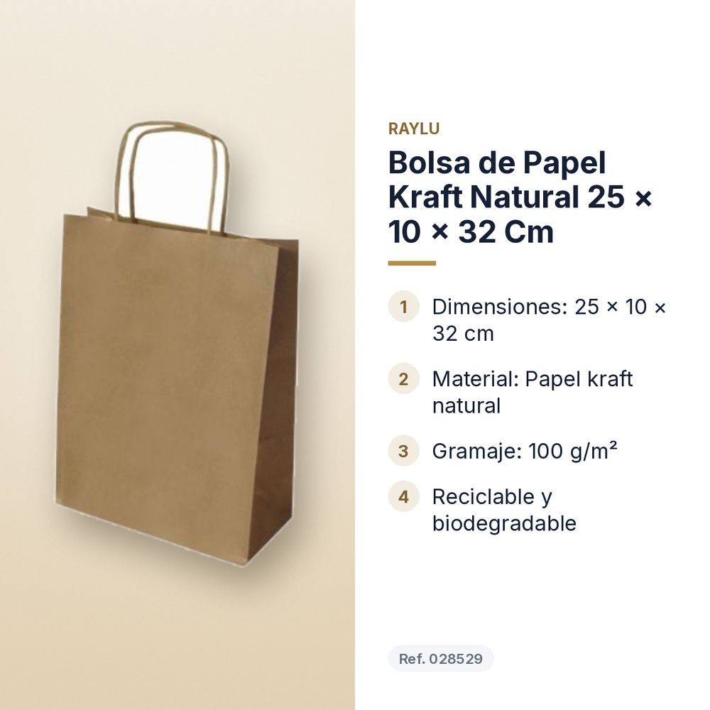 BOLSA DE PAPEL KRAFT NATURAL 25 × 10 × 32 CM  - características principales