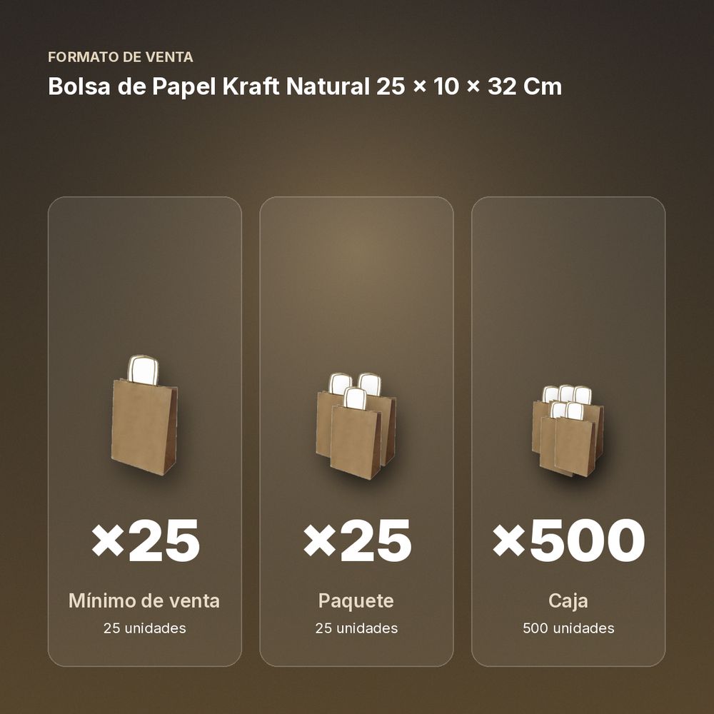 BOLSA DE PAPEL KRAFT NATURAL 25 × 10 × 32 CM  - formato de venta: paquete de 25, caja de 500