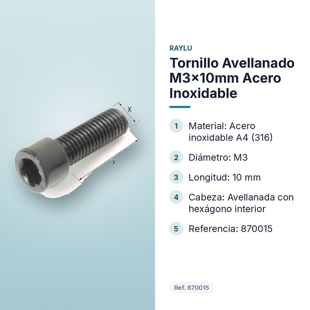 TORNILLO AVELLANADO M3X10MM ACERO INOXIDABLE  - características principales