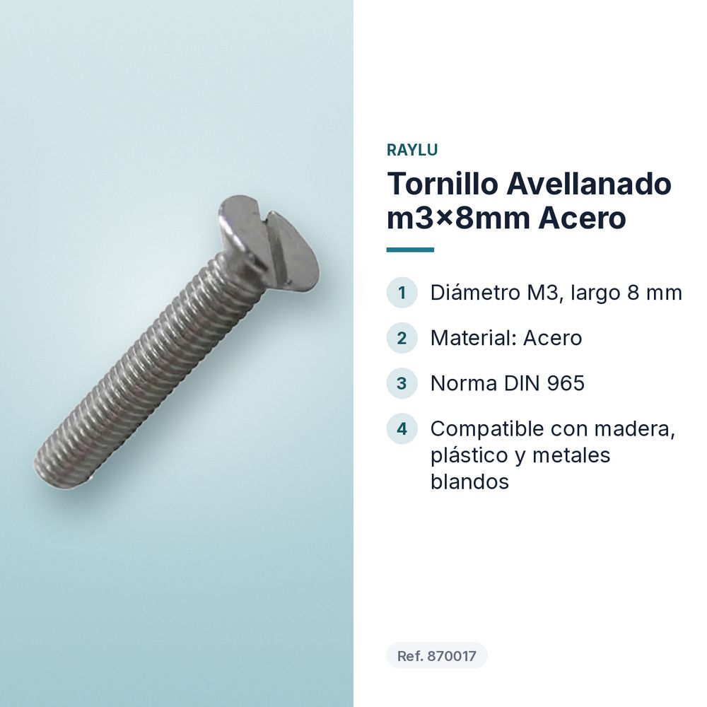 TORNILLO AVELLANADO M3X8MM ACERO - características principales
