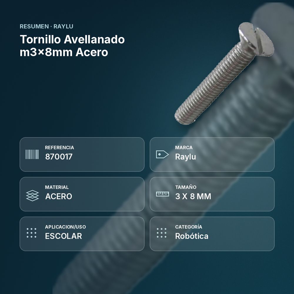 TORNILLO AVELLANADO M3X8MM ACERO - resumen de atributos