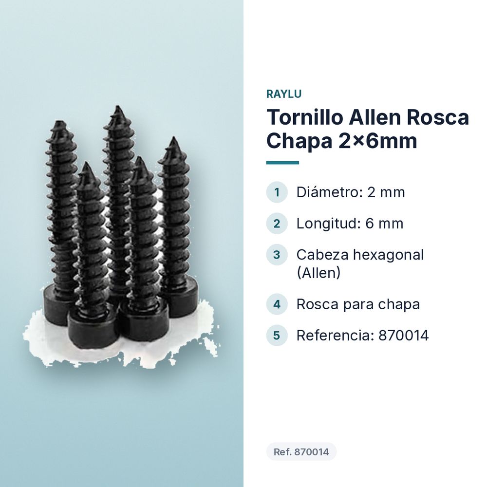TORNILLO ALLEN ROSCA CHAPA 2X6MM - características principales