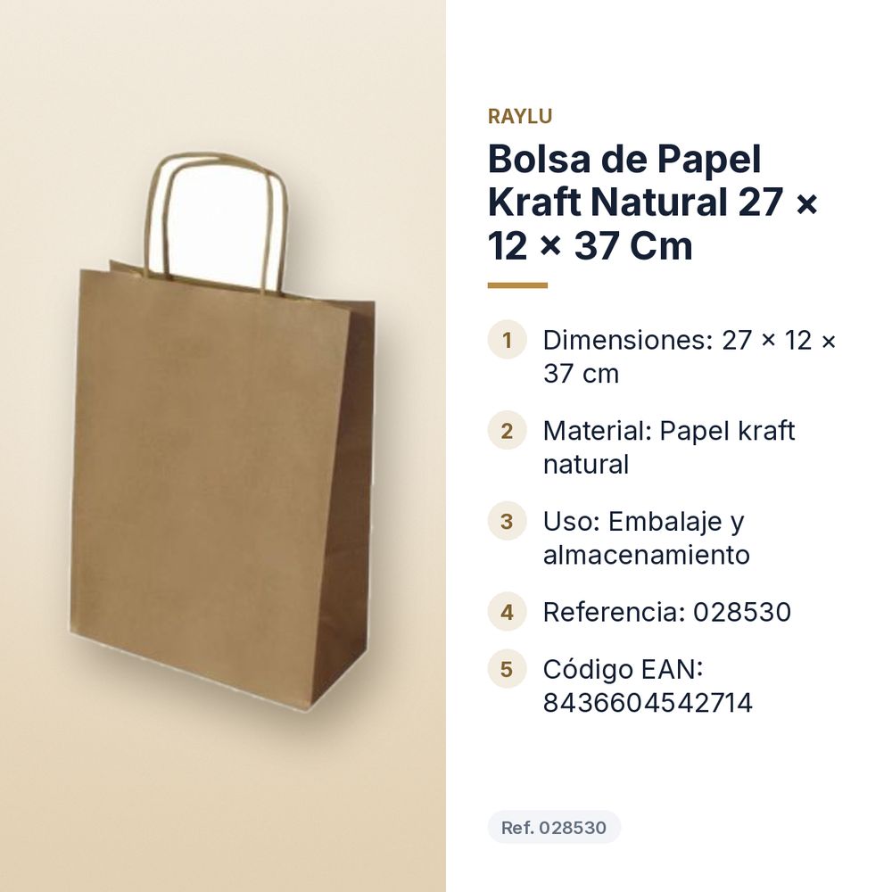 BOLSA DE PAPEL KRAFT NATURAL 27 × 12 × 37 CM - características principales