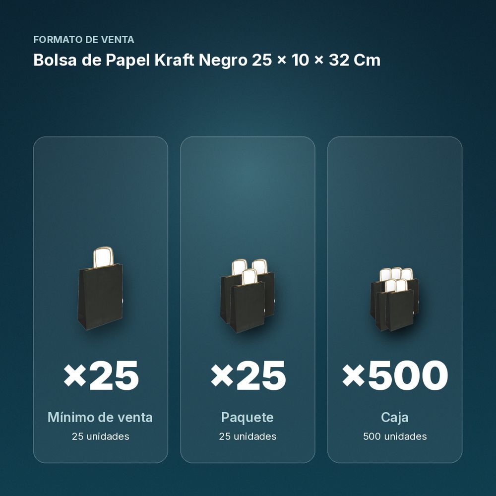 BOLSA DE PAPEL KRAFT NEGRO 25 × 10 × 32 CM - formato de venta: paquete de 25, caja de 500