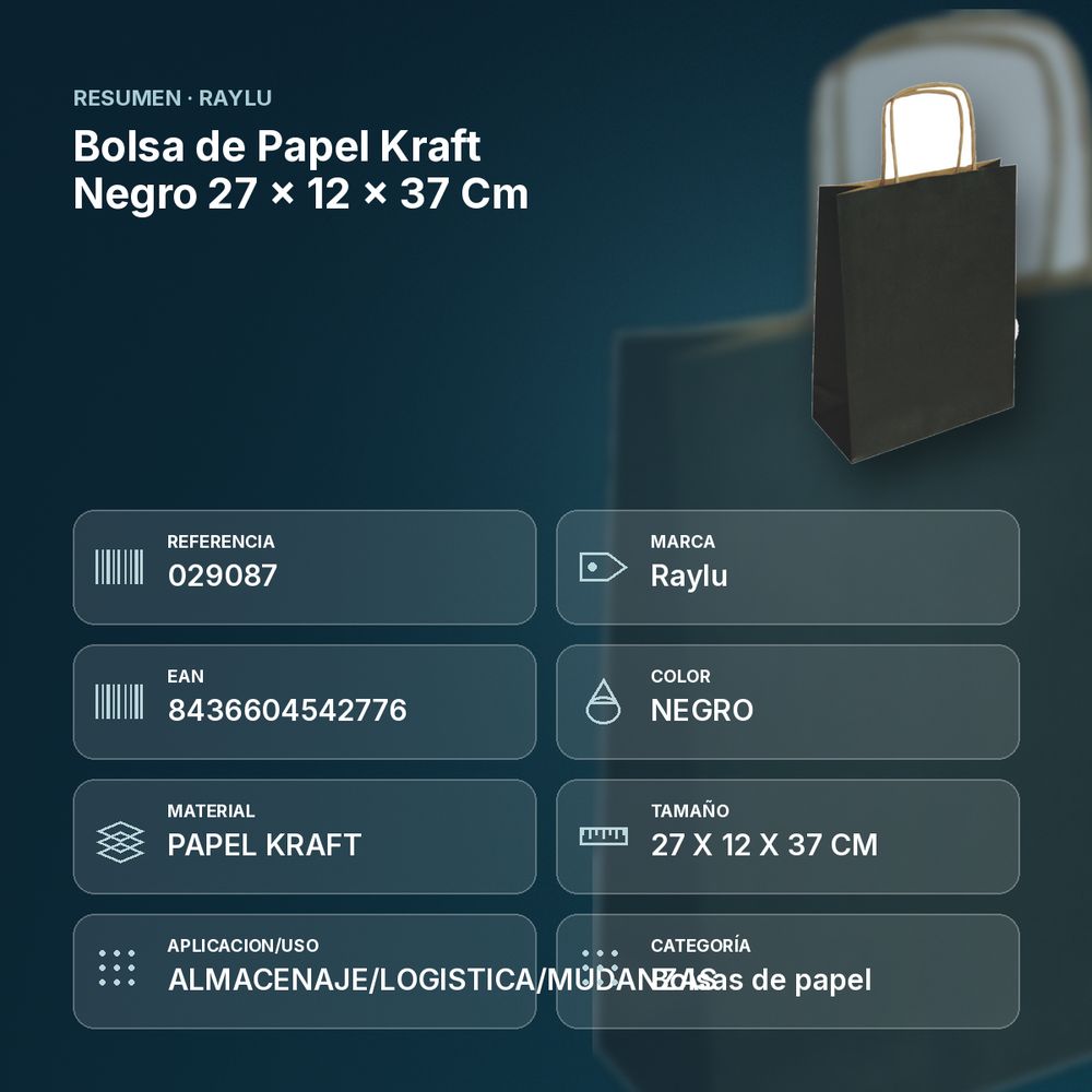 BOLSA DE PAPEL KRAFT NEGRO 27 × 12 × 37 CM - resumen de atributos