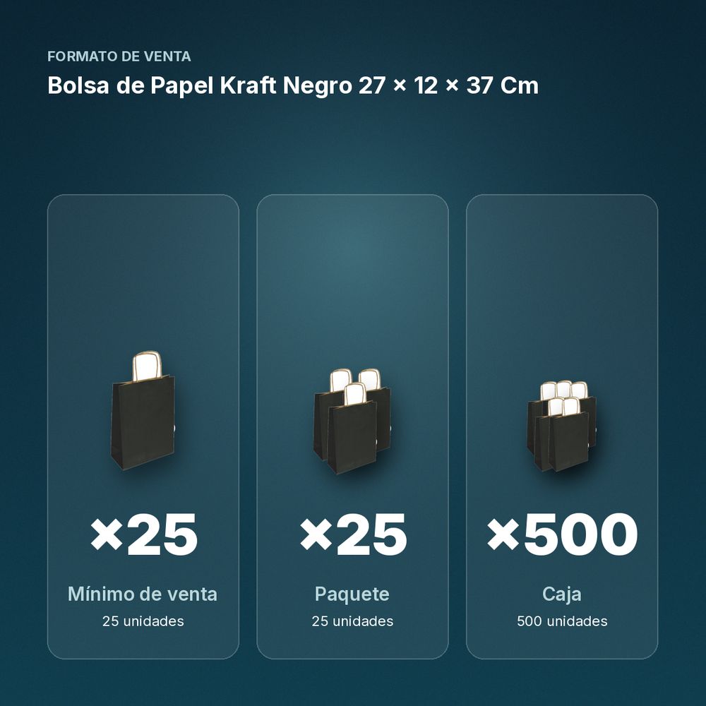 BOLSA DE PAPEL KRAFT NEGRO 27 × 12 × 37 CM - formato de venta: paquete de 25, caja de 500