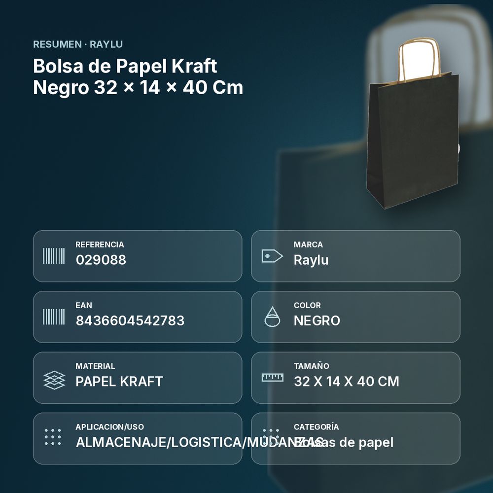 BOLSA DE PAPEL KRAFT NEGRO 32 × 14 × 40 CM - resumen de atributos